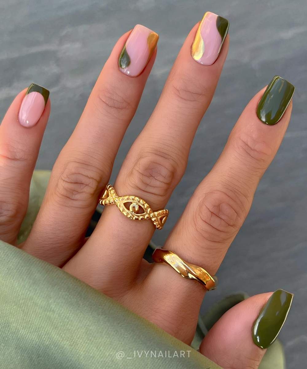 Olive green and gold mani with negative space design