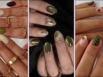 A collage of olive green nail designs