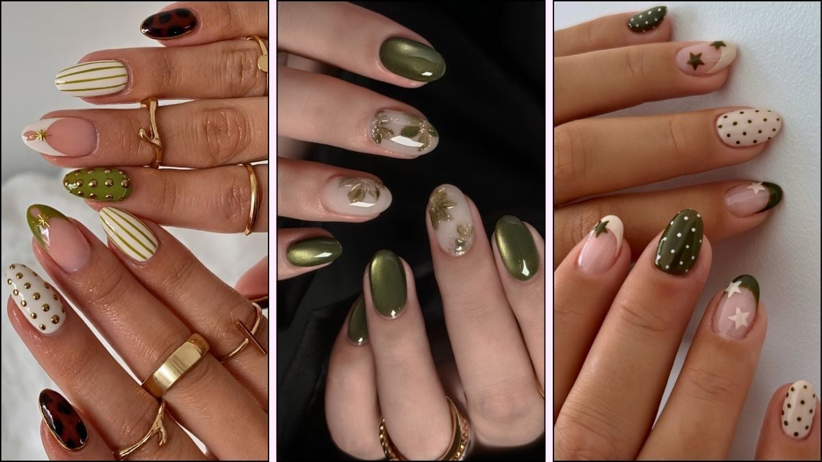 A collage of olive green nail designs