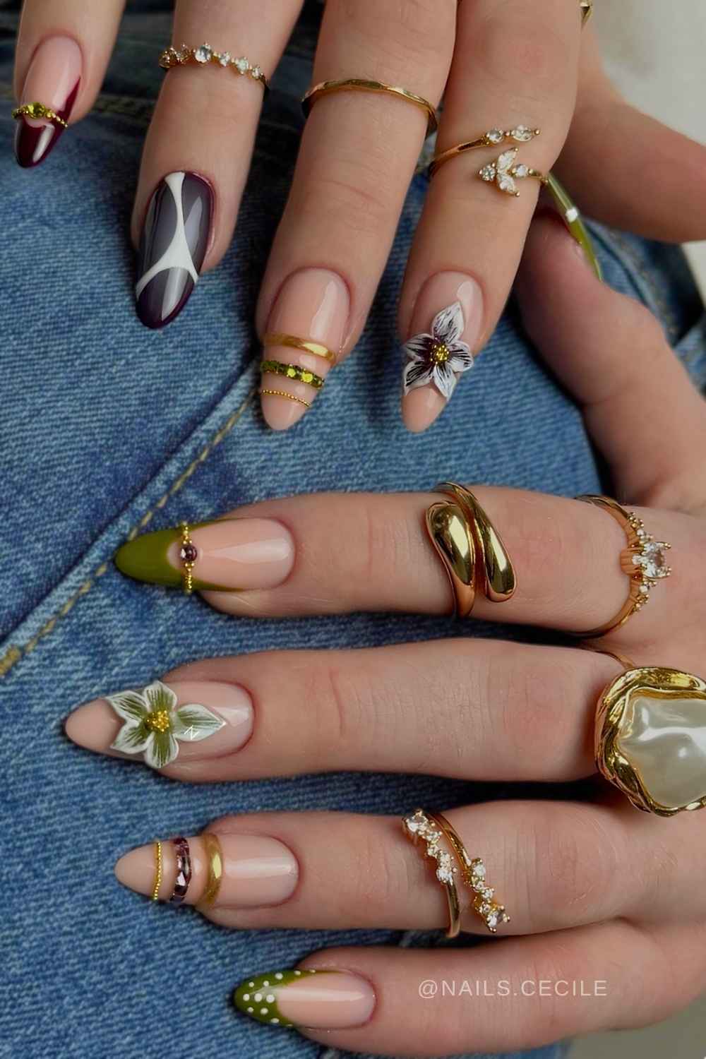 Olive green solid and french tip mix nails