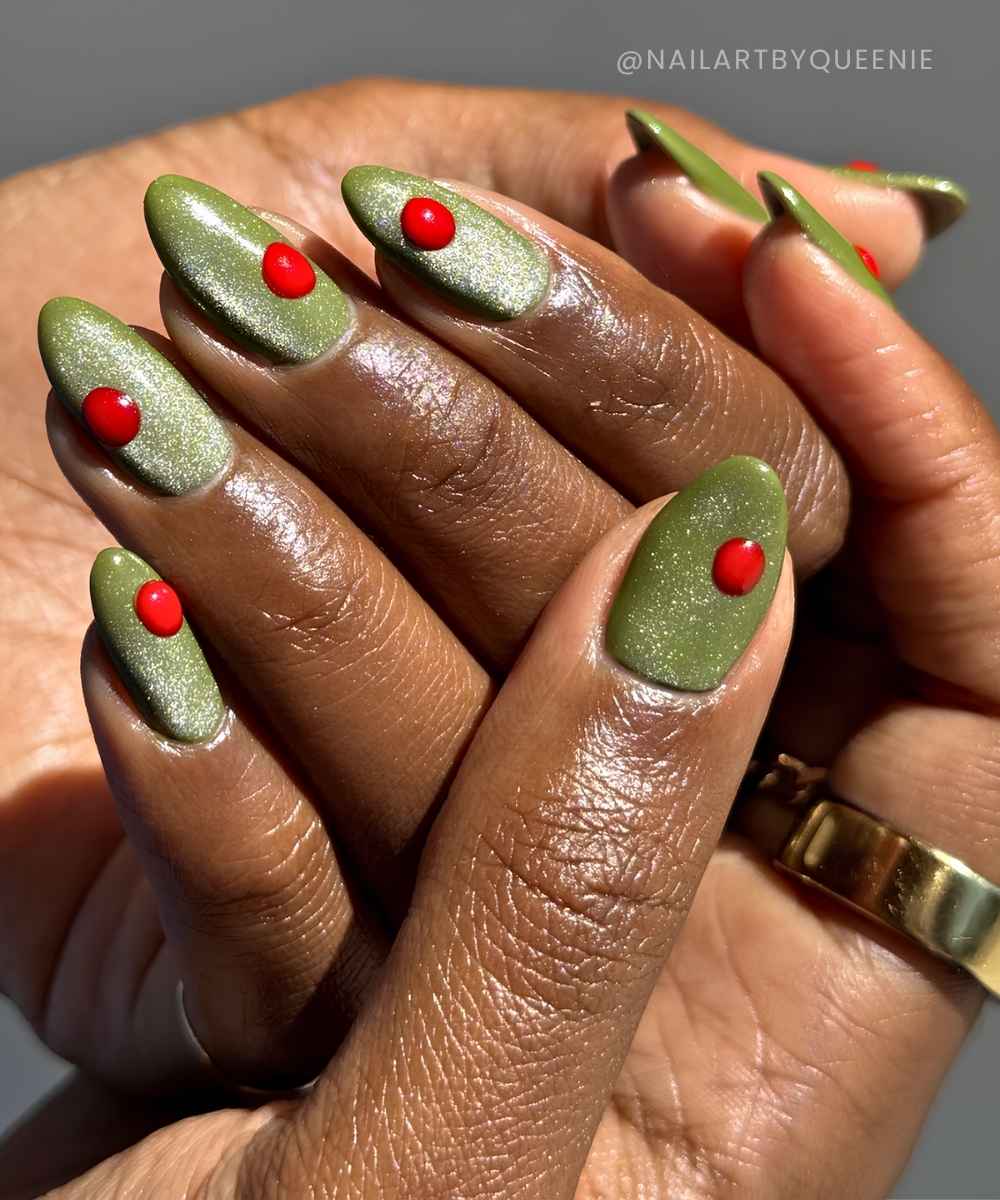 Olive martini nails with velvet finish