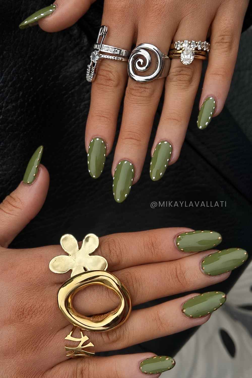 Olive nails with silver dotted outline