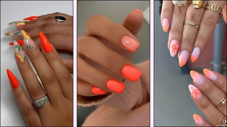 A collage of orange nail designs