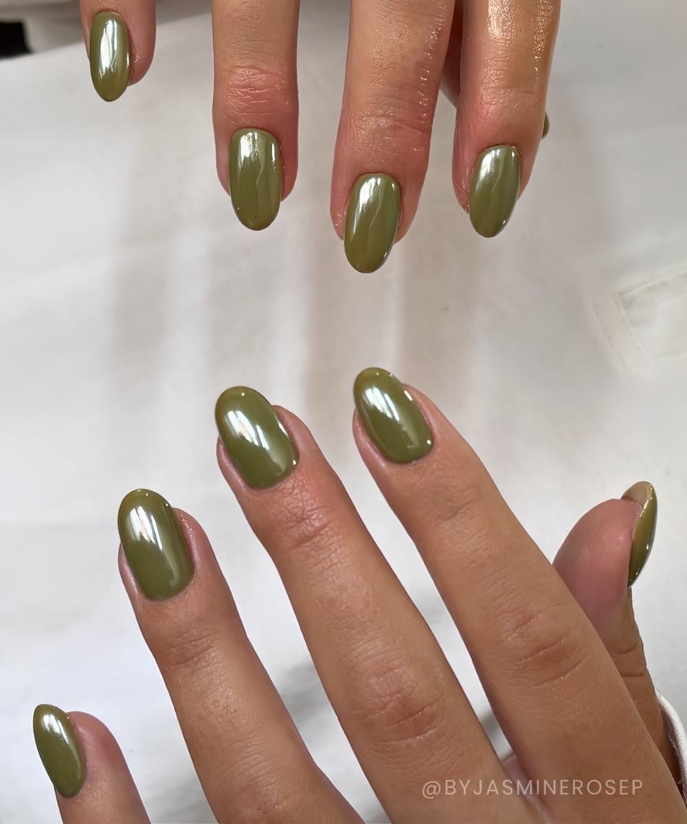 Oval olive green chrome nails