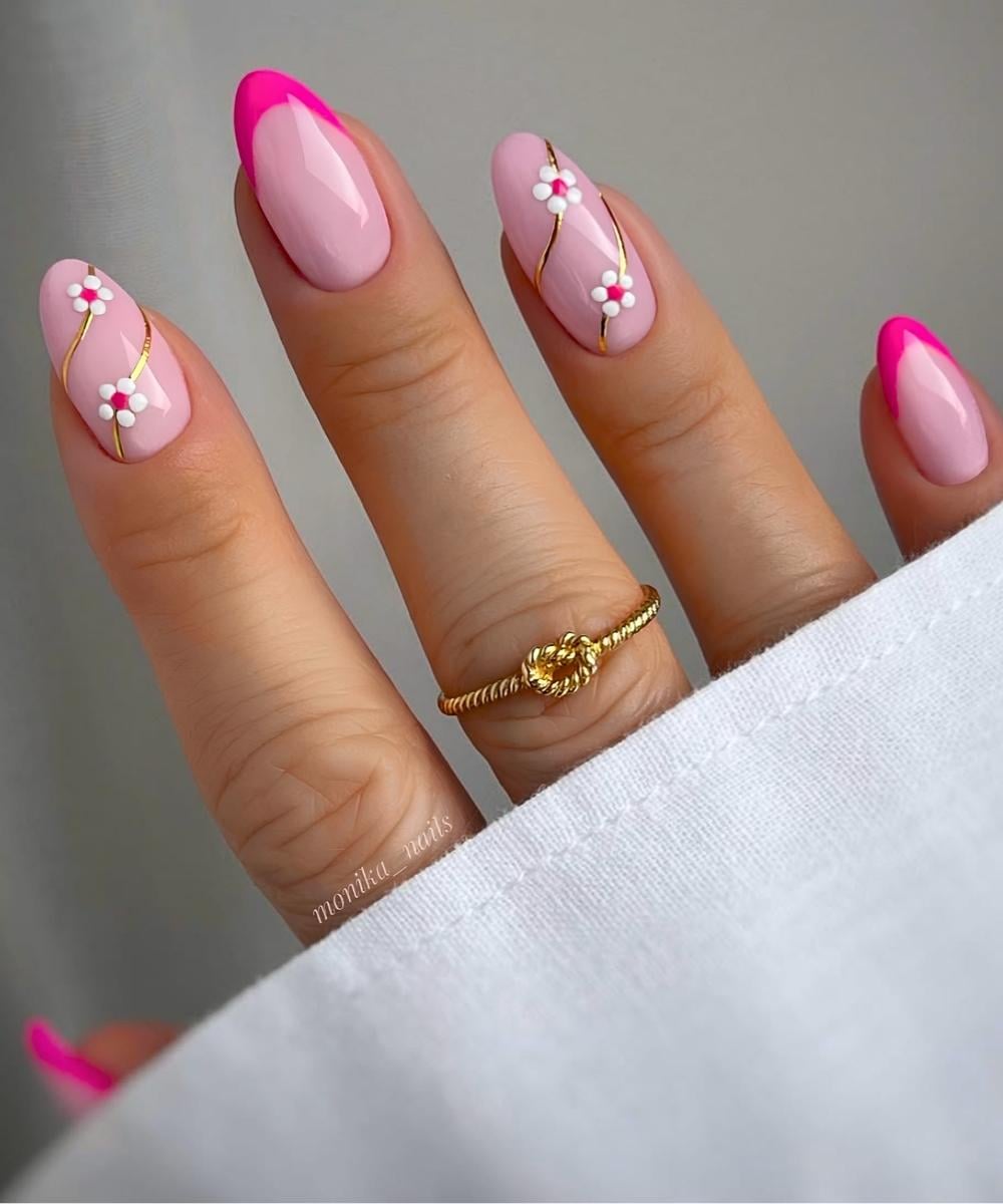 Pink French mani with florals and chrome lines