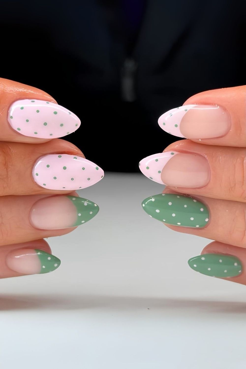 Pink and green nails with tiny dot art