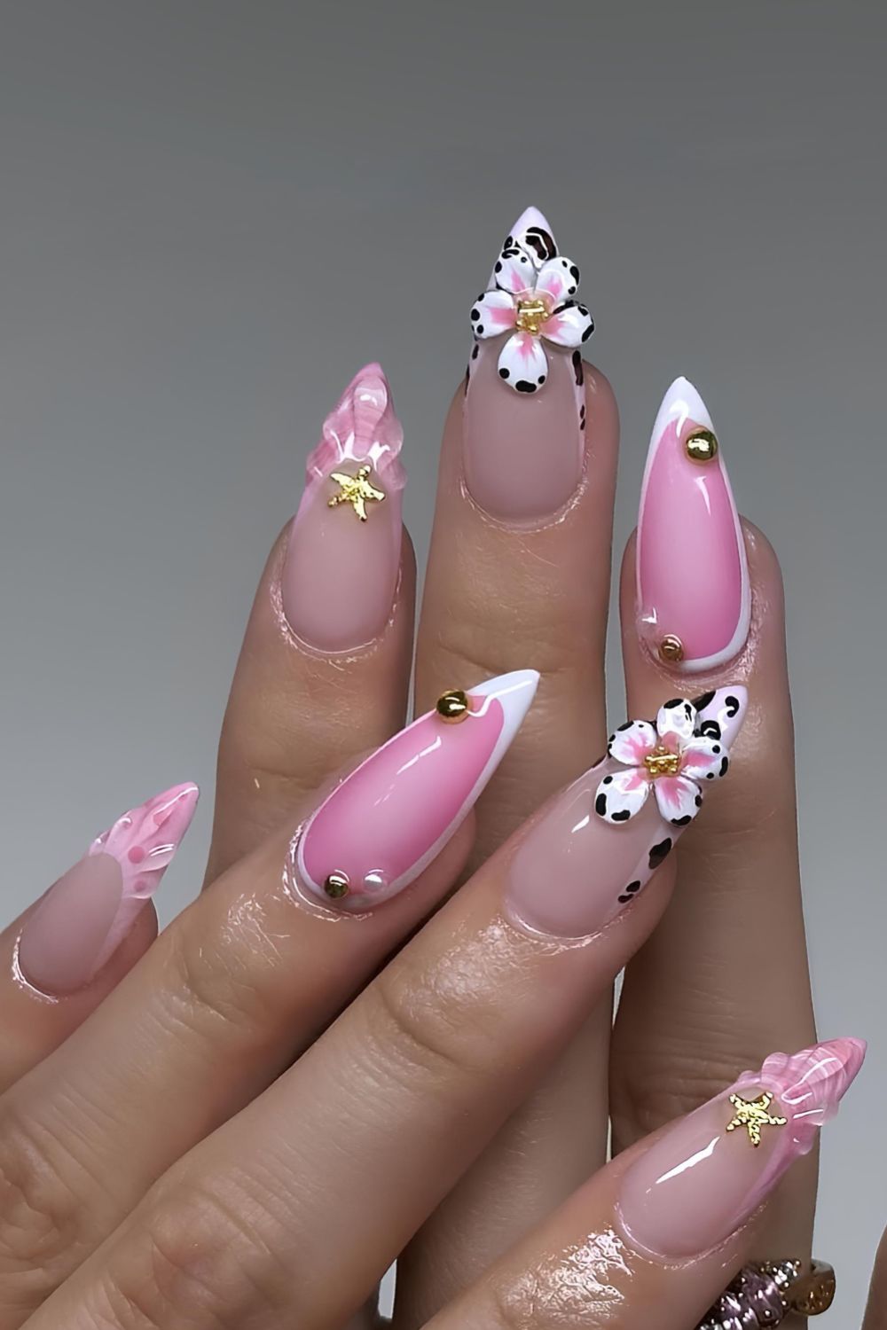 Pink, white and black French mani with mix and match design