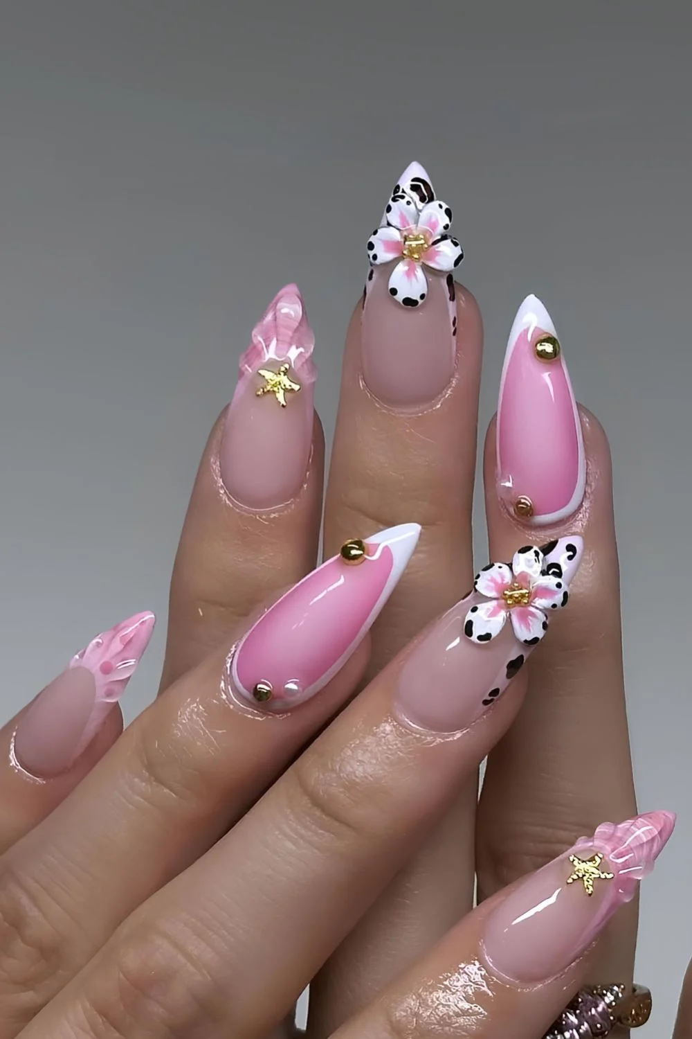 Pink, white and black French mani with mix and match design