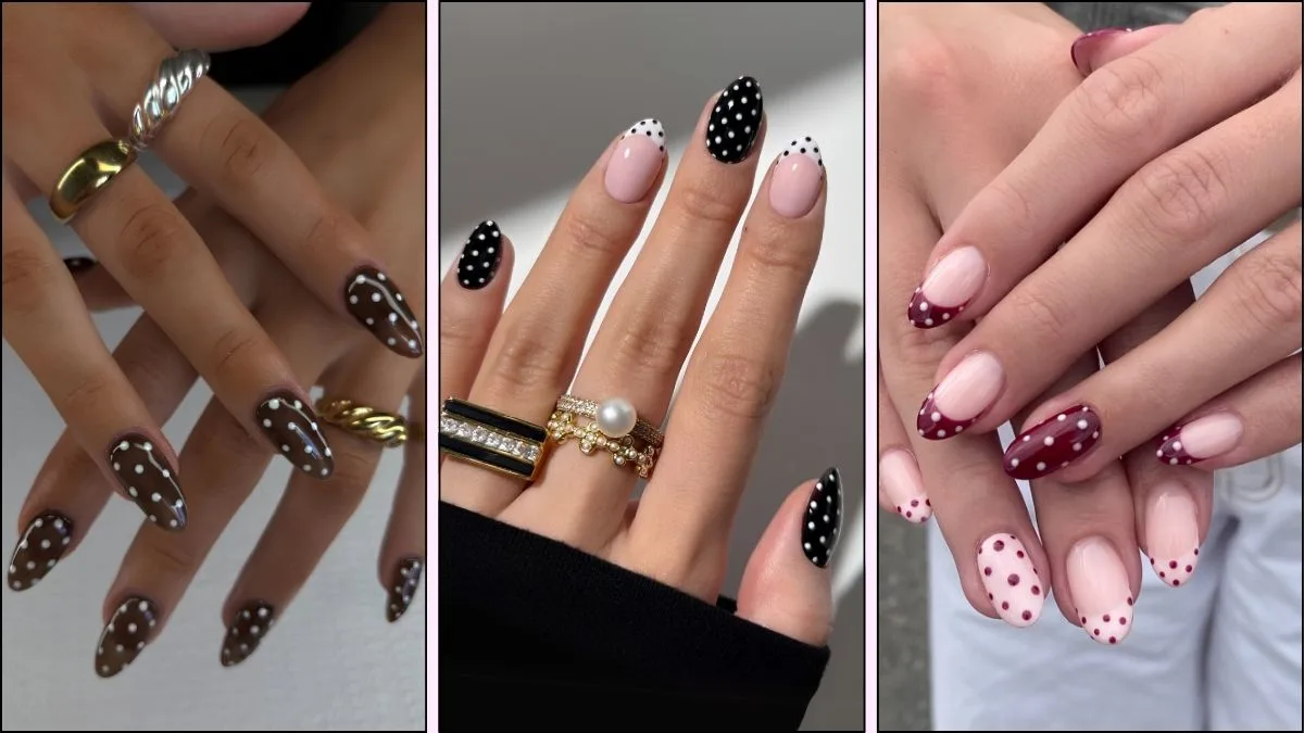 A collage of polka dot nail designs