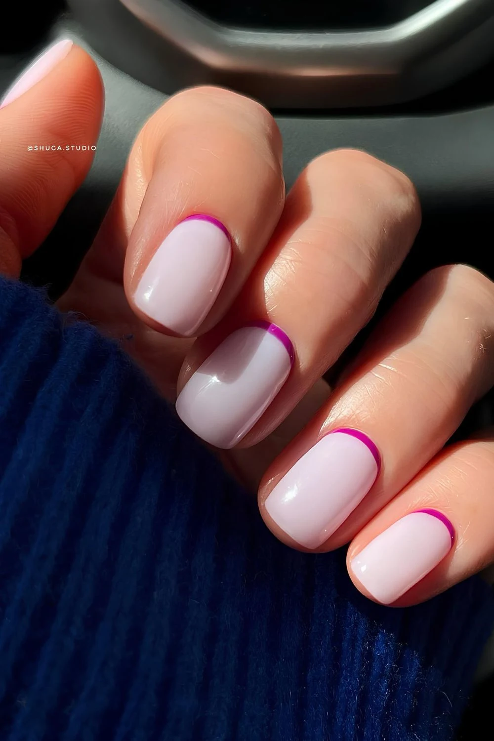 Purple reversed French mani with milky base