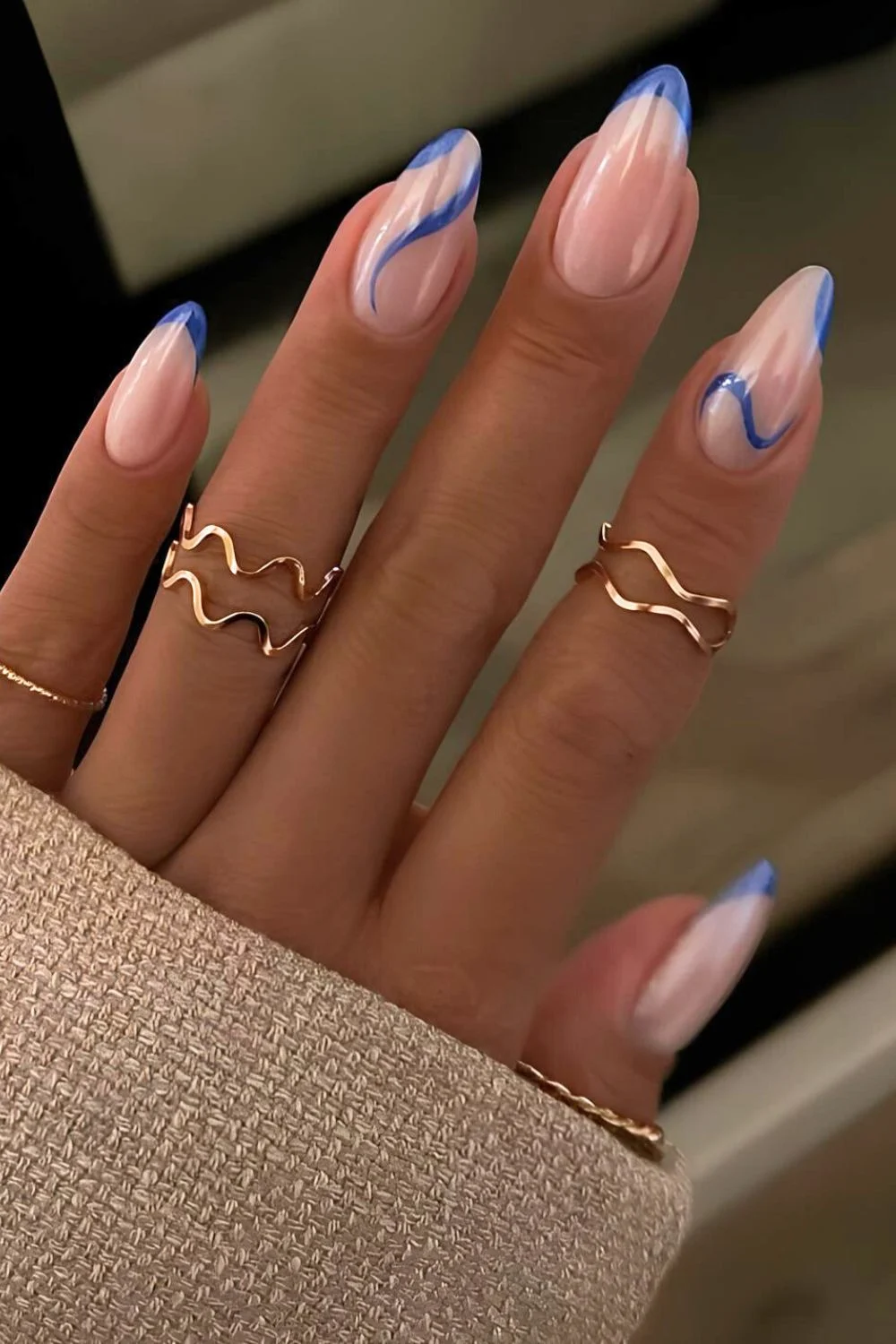 Royal blue French nails with swirls and chrome overlay