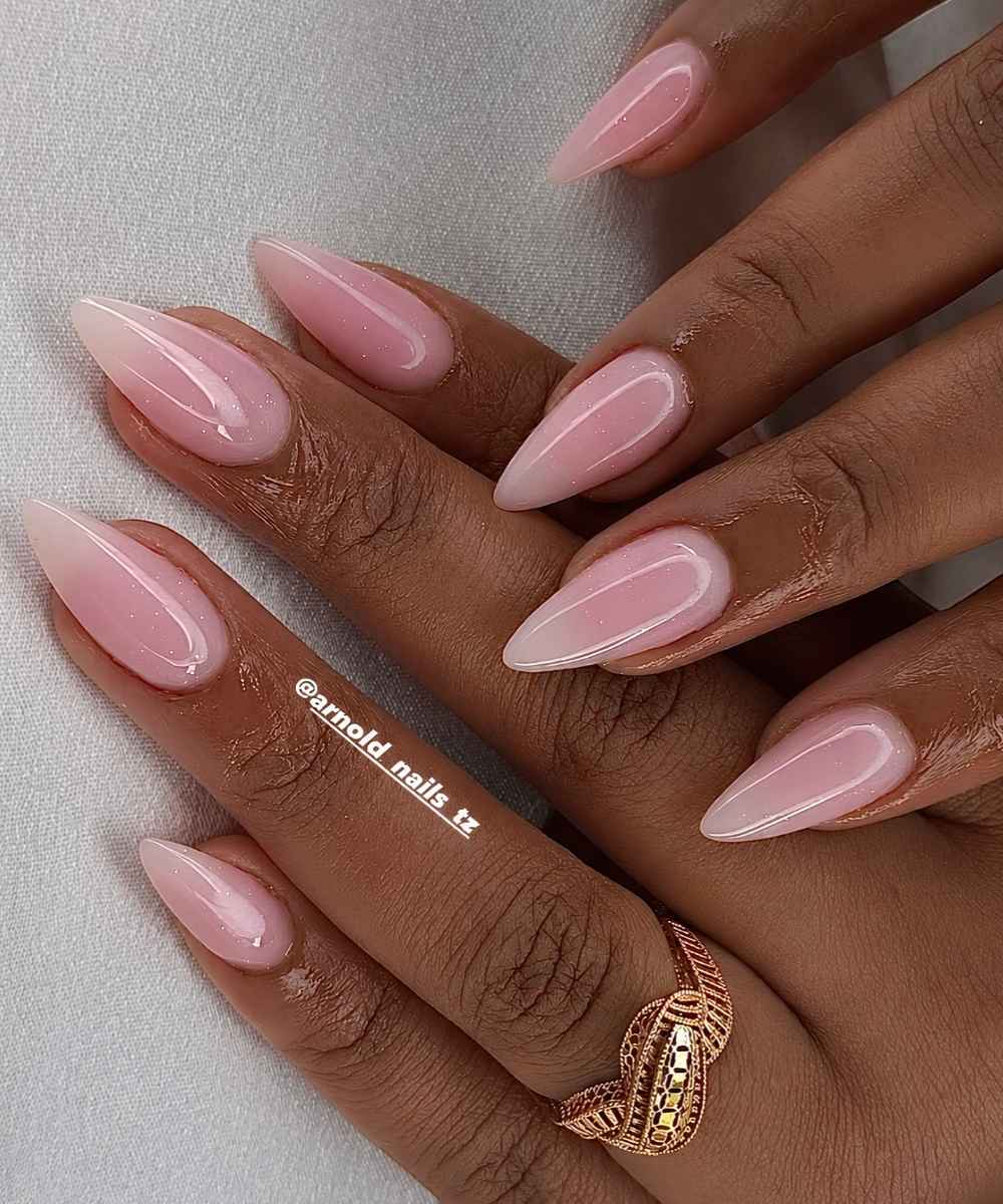Sheer and shimmery pink nails