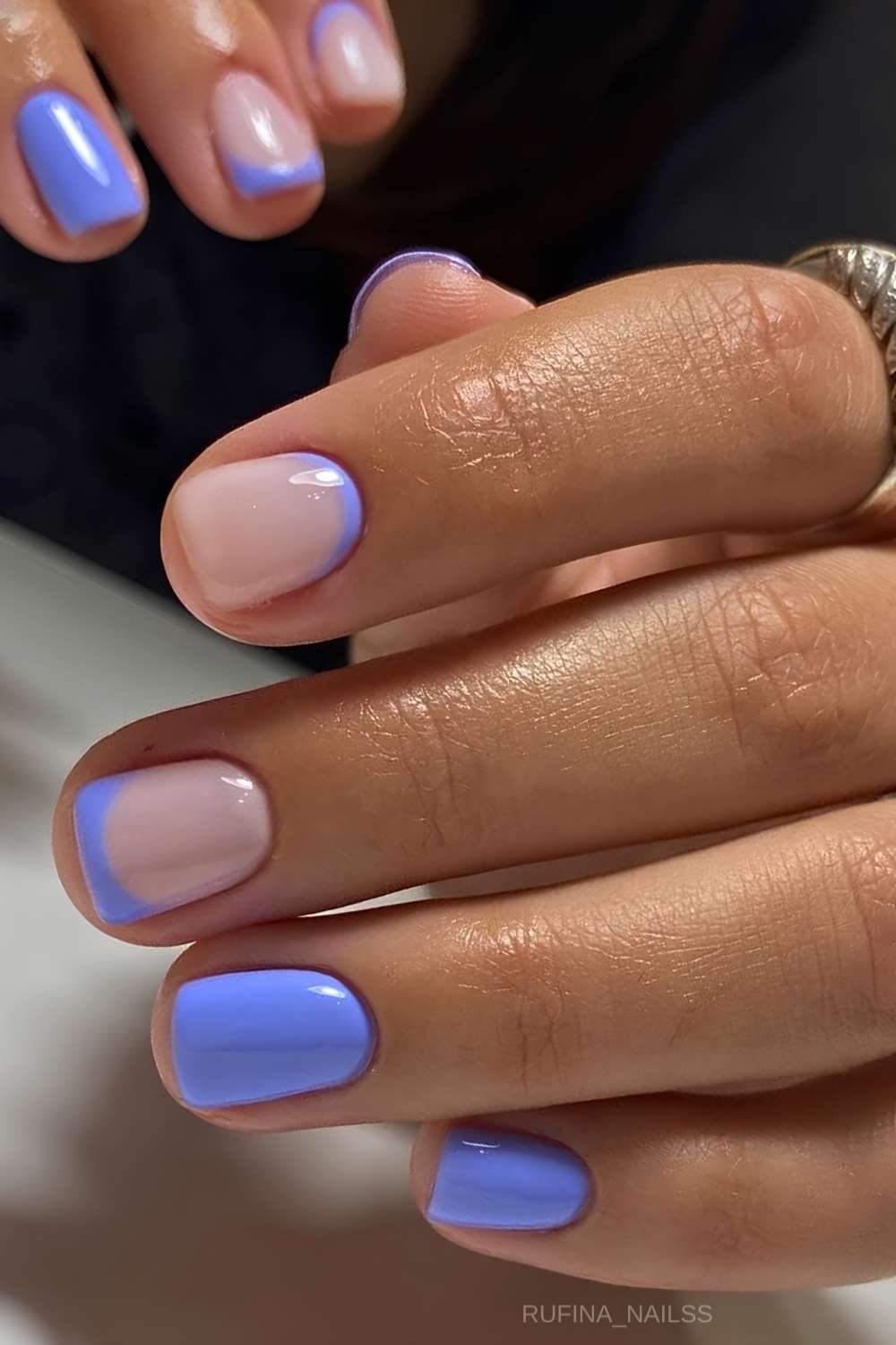 Short purple mani with negative space design