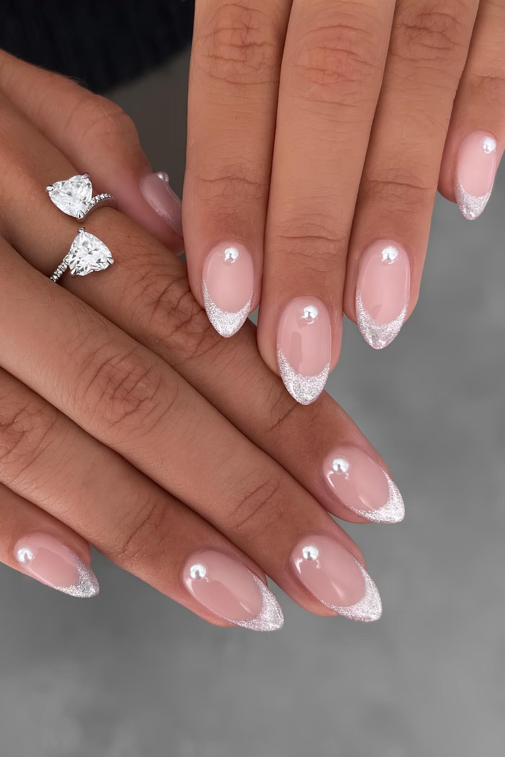 Silver glitter French mani with pearls