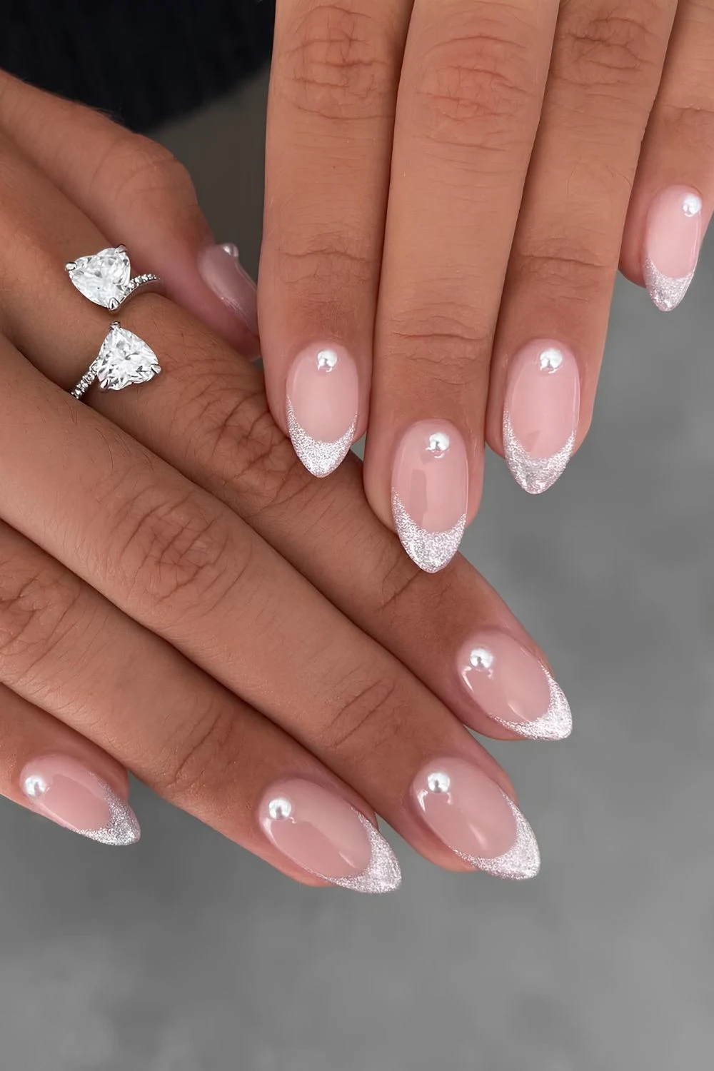 Silver glitter French mani with pearls