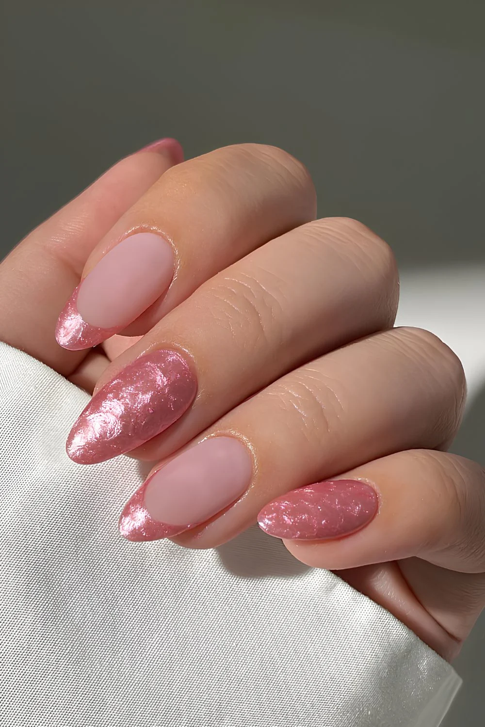 Soft pink pearly French and solid mix nails