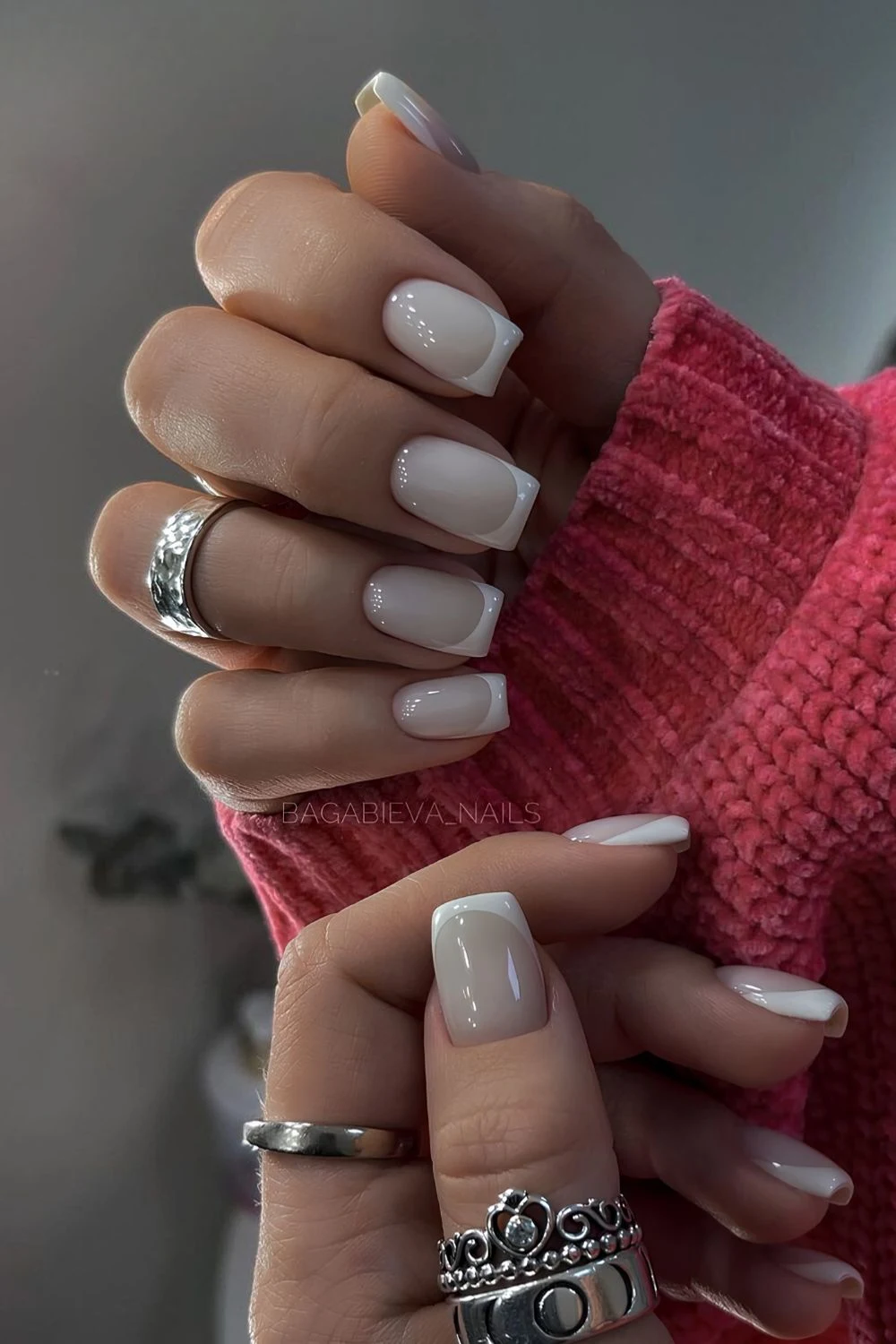 Square French tip manicure on a milky base
