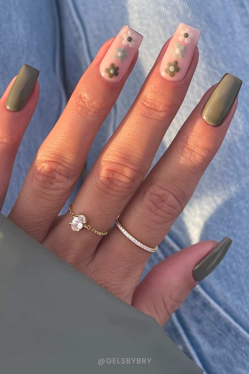 Square olive green floral nails