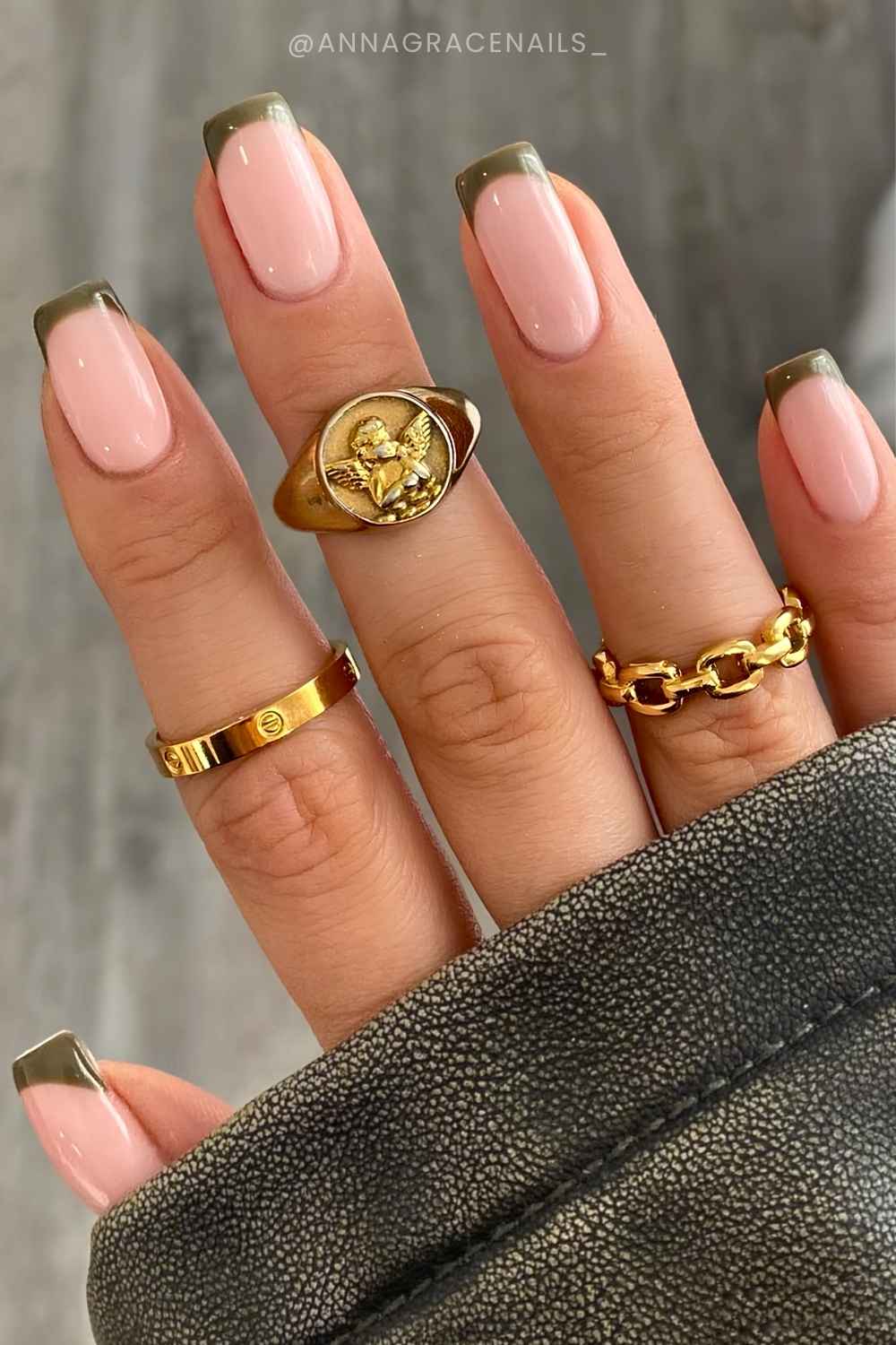 Squoval olive green French nails