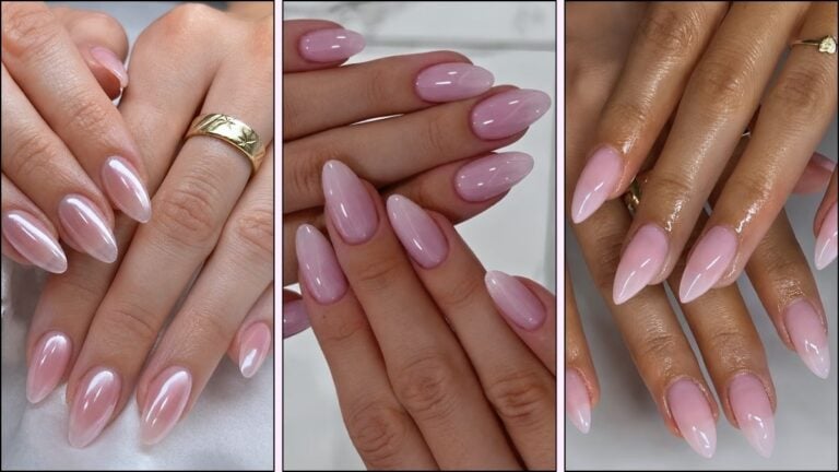 A collage of strawberry milk manicures
