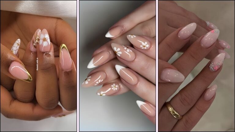 A collage of white floral nail designs