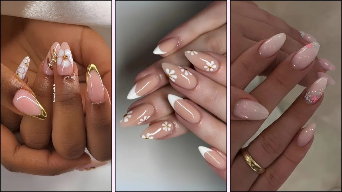 A collage of white floral nail designs