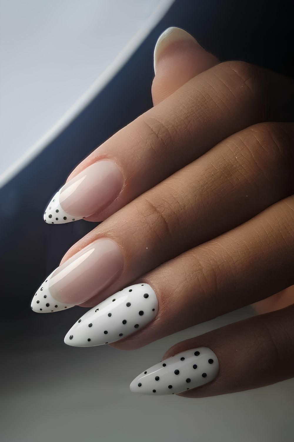 White mani with black micro dots
