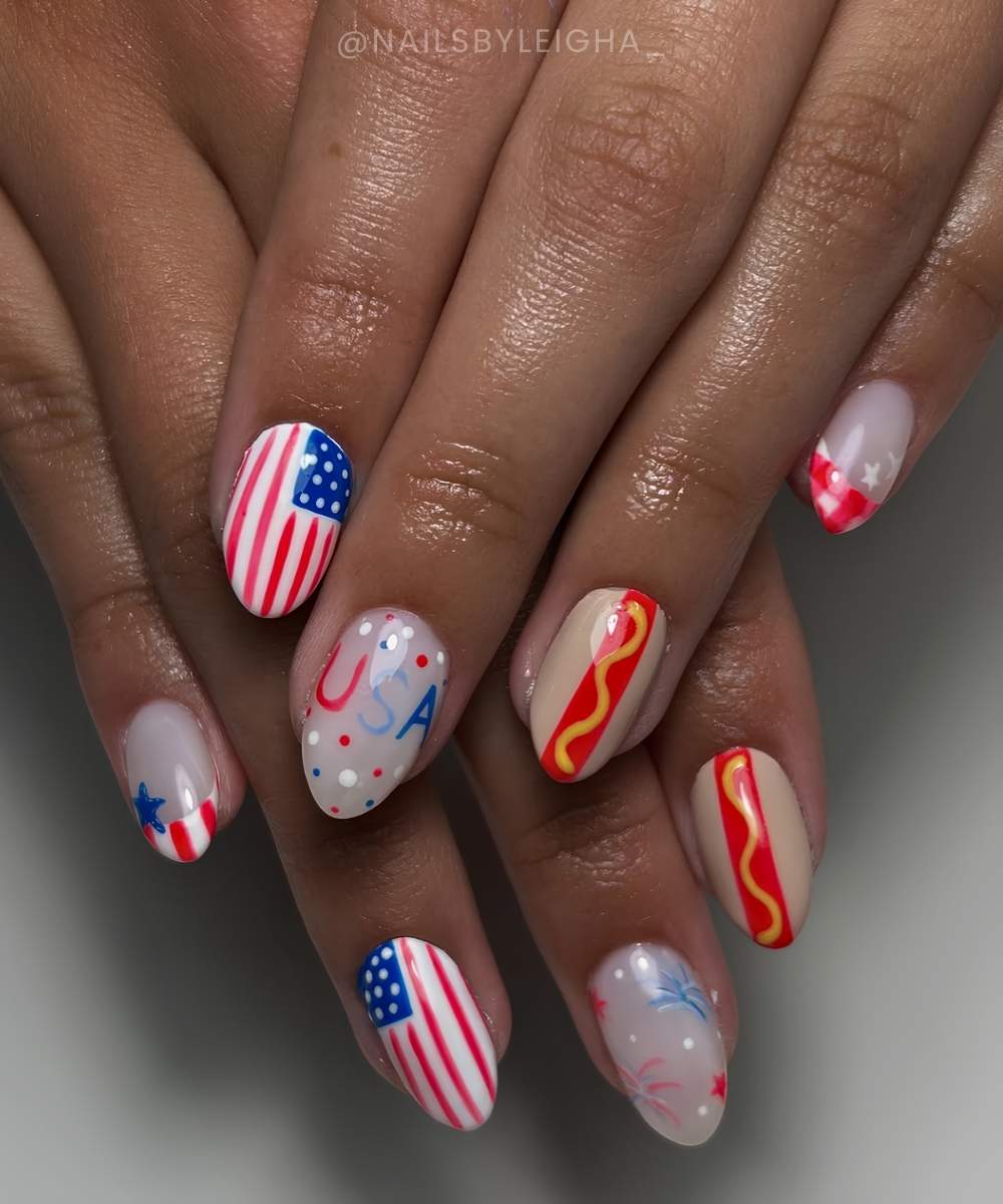 4th of July nails with hotdog and flag art