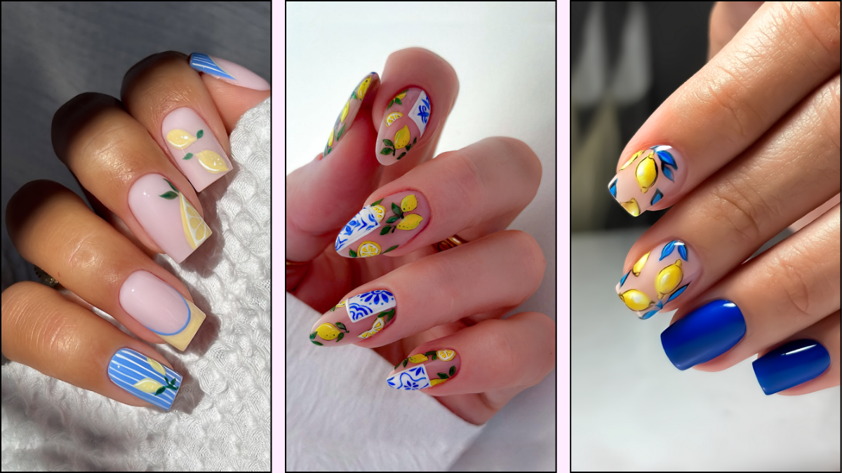A collage of blue nails with lemon accents