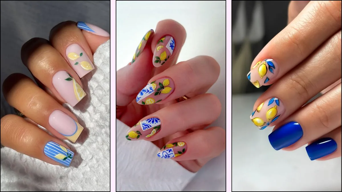 A collage of blue nails with lemon accents
