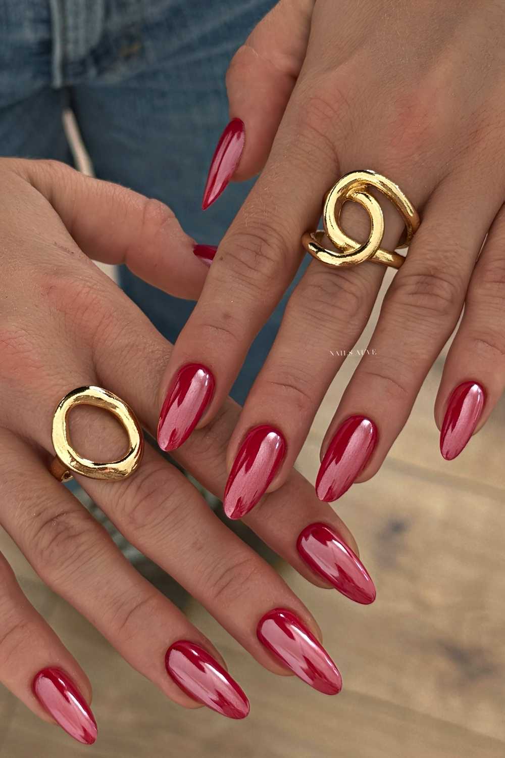 Almond cherry red chrome mani