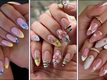 A collage of almond shaped nail designs for summer