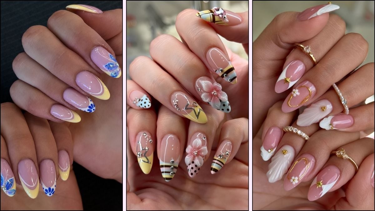 A collage of almond shaped nail designs for summer