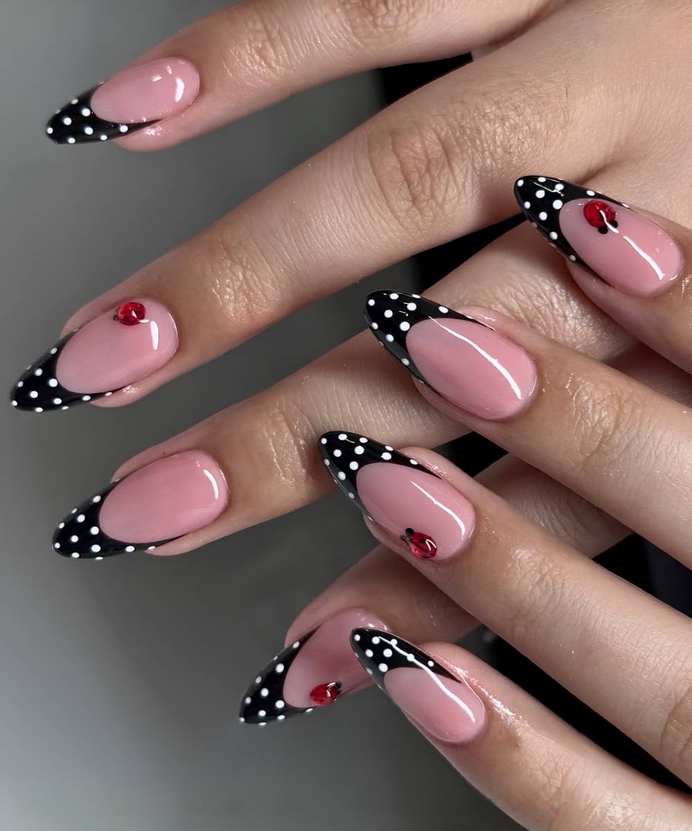 Black French nails with white dots and ladybugs