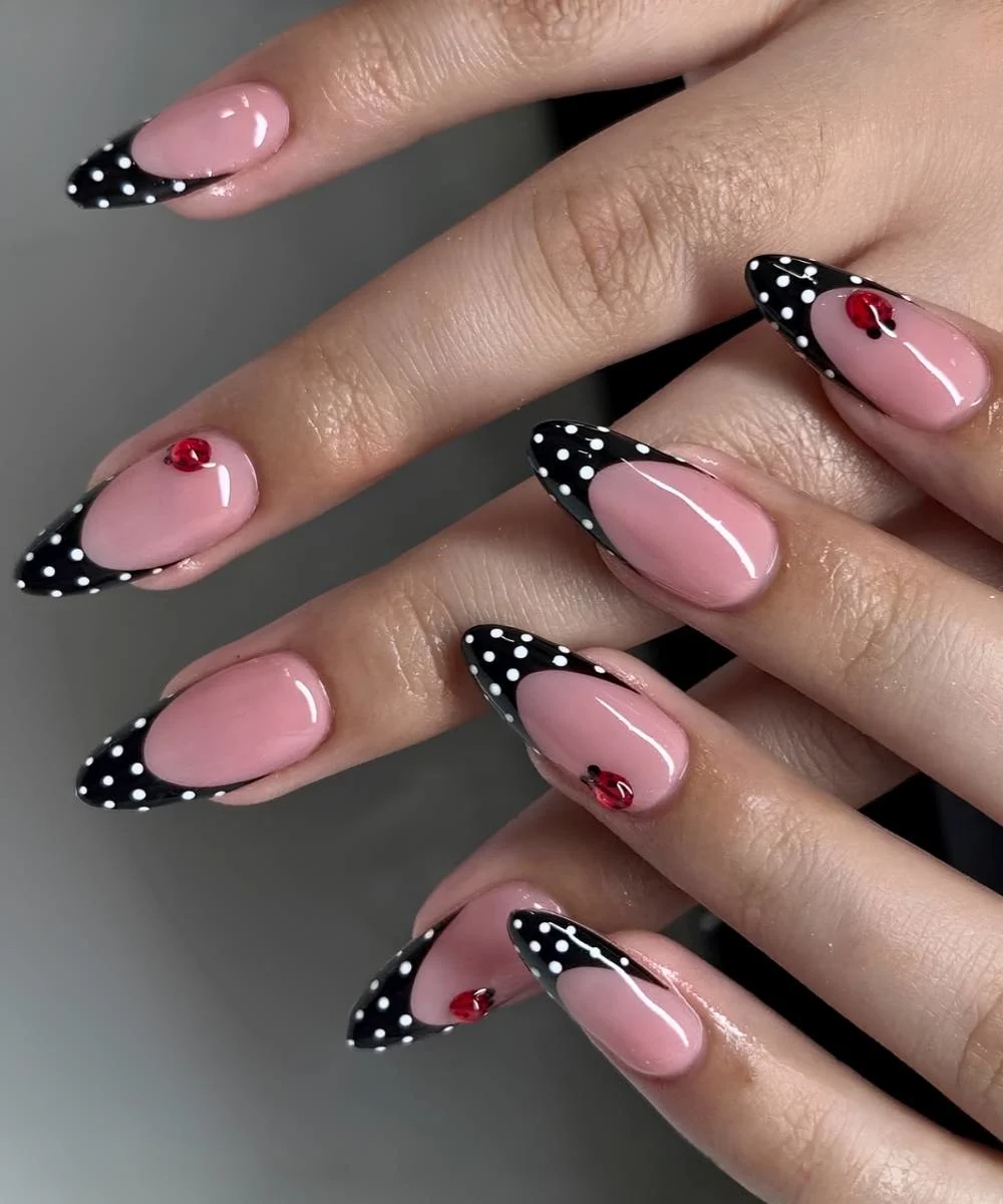 Black French nails with white dots and ladybugs