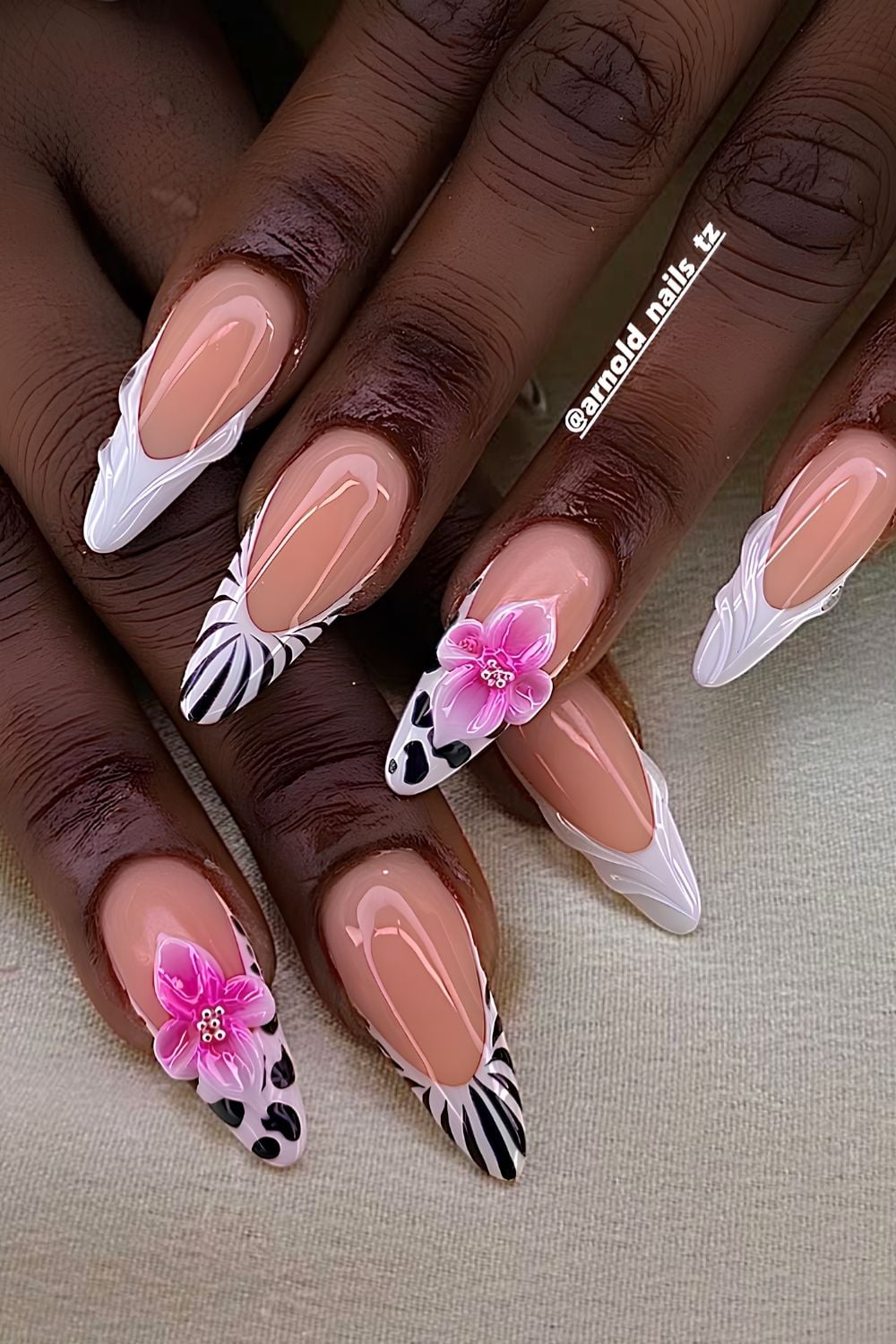Black and white French mani with florals and animal print