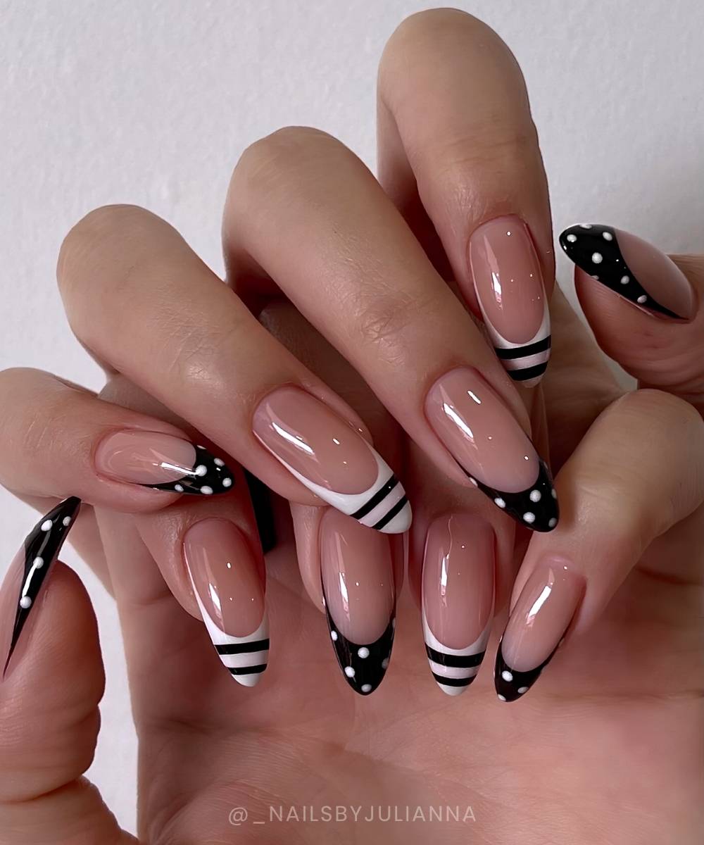 Black and white French mani with stripes and dots