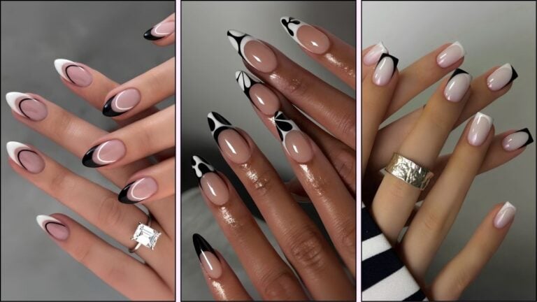 A collage of black and white French tip nail designs