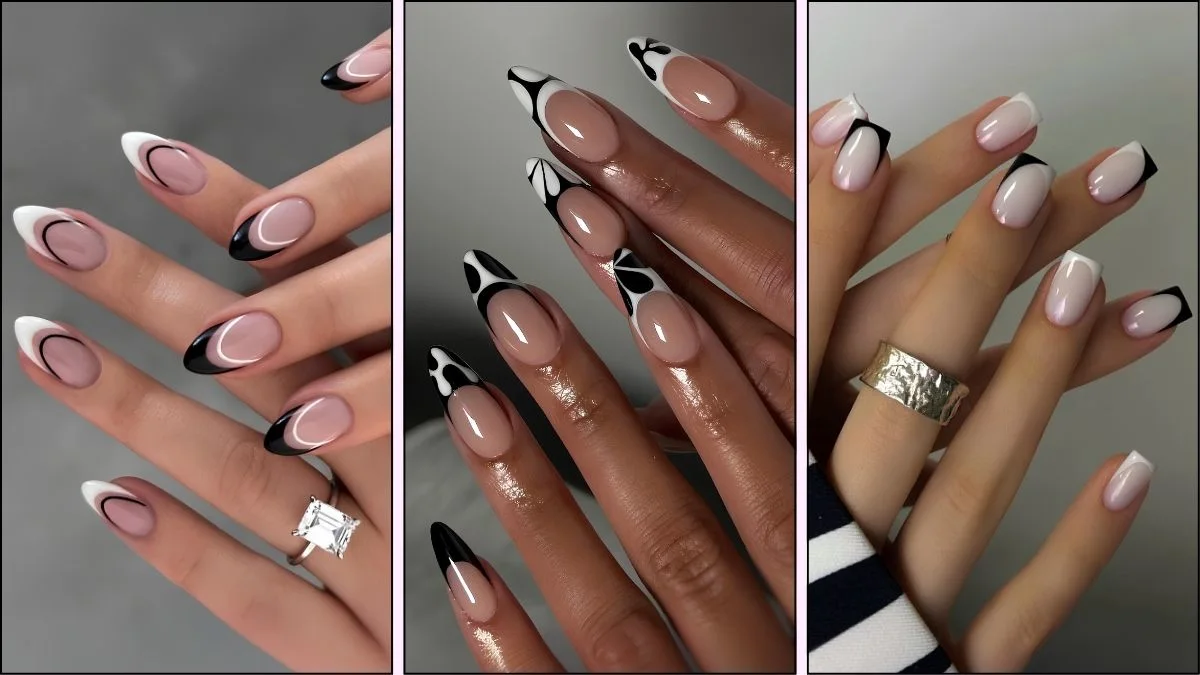 A collage of black and white French tip nail designs