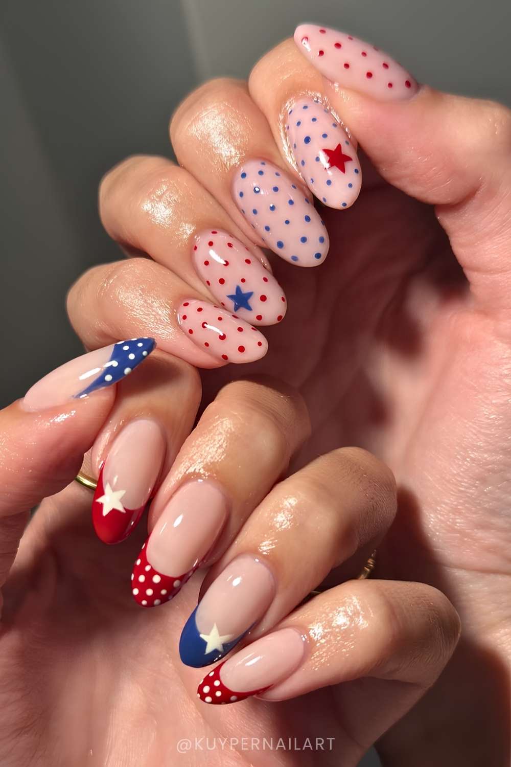 Blue and red 4th of July nails with stars and dots