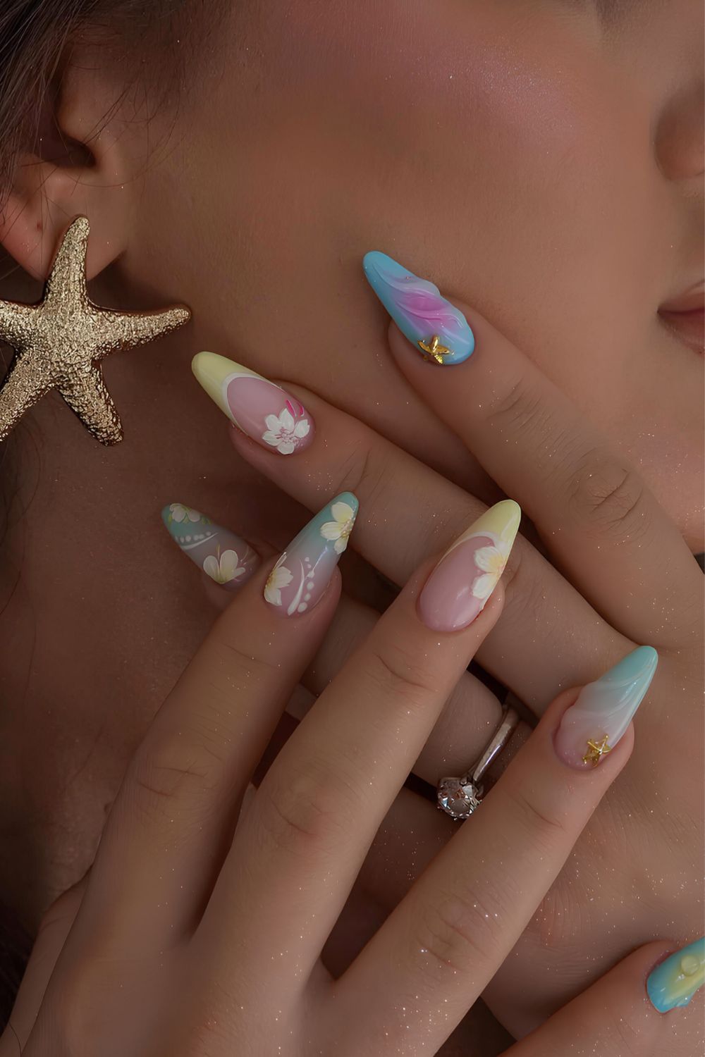 Blue and yellow hibiscus manicure