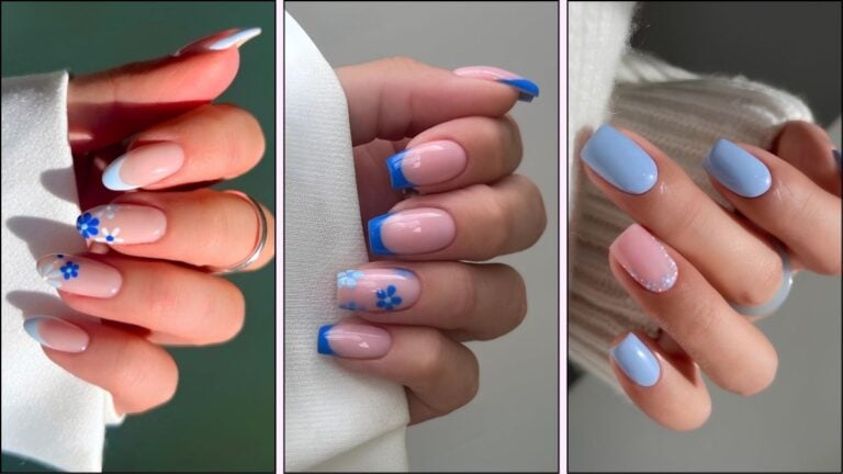 A collage of blue floral nail designs