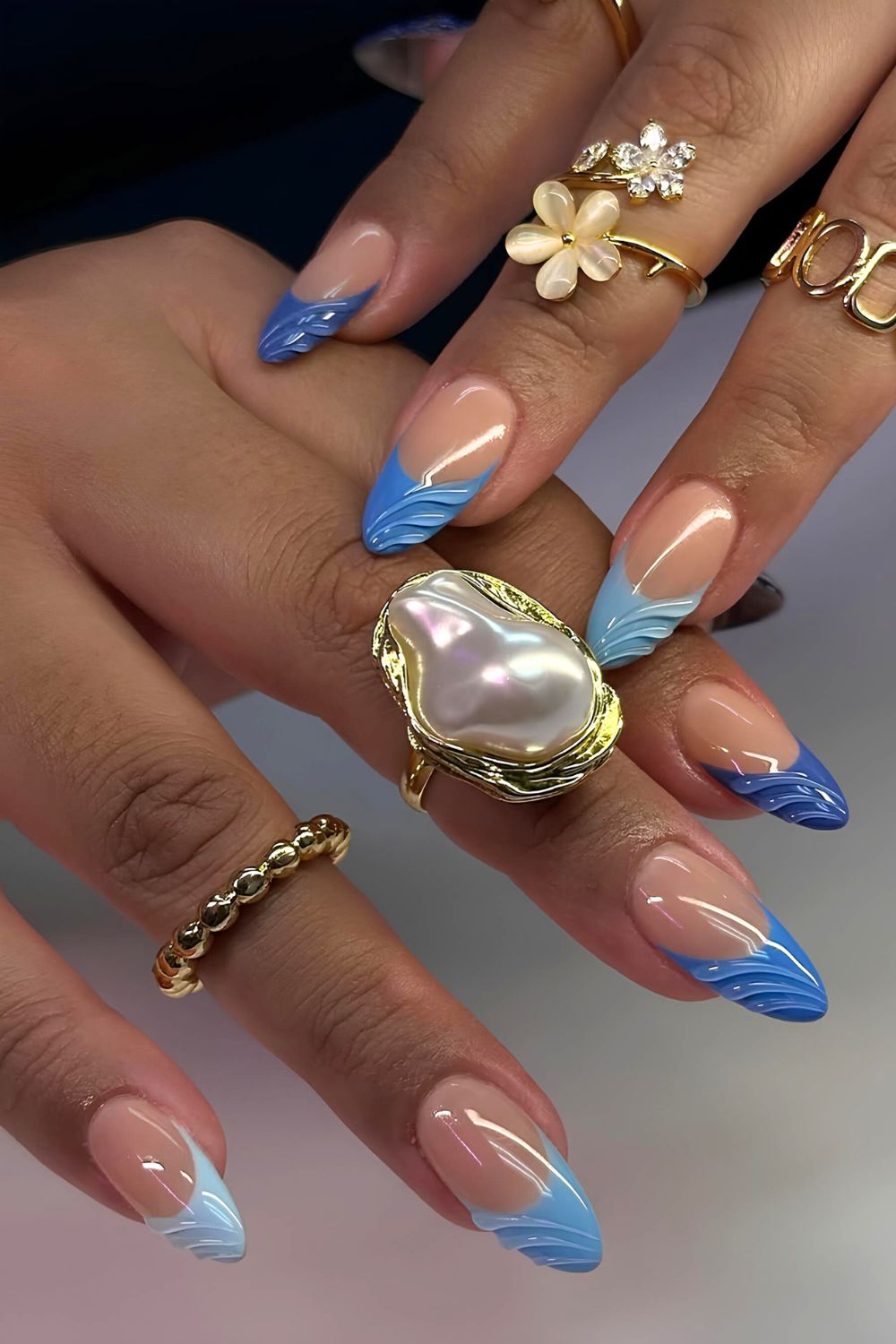 Blue gradient textured French tip nails