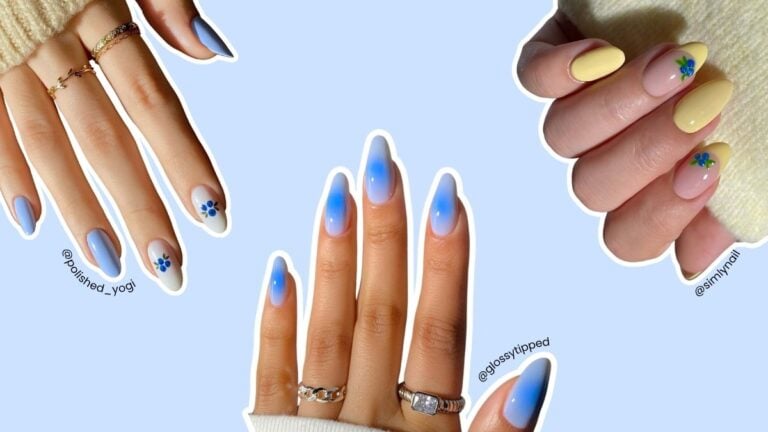 A collage of blueberry fruit-inpired nail designs