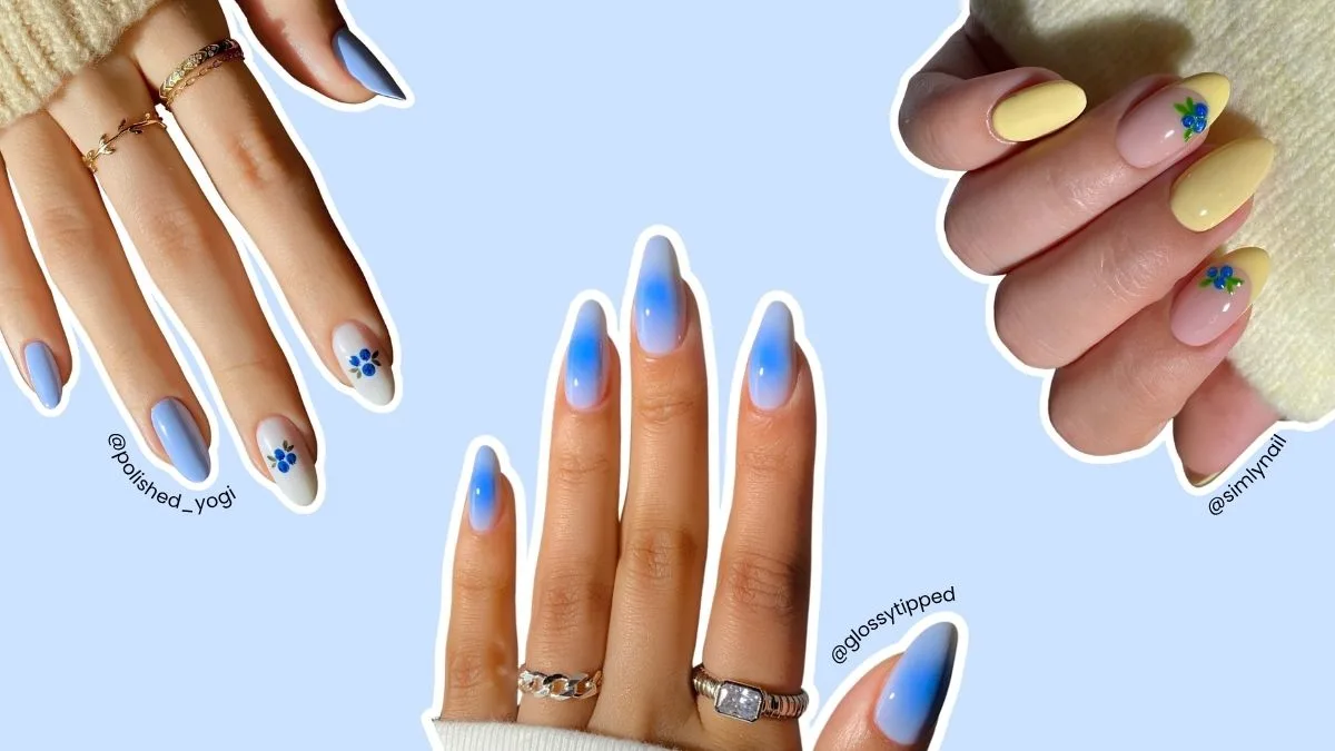 A collage of blueberry fruit-inpired nail designs