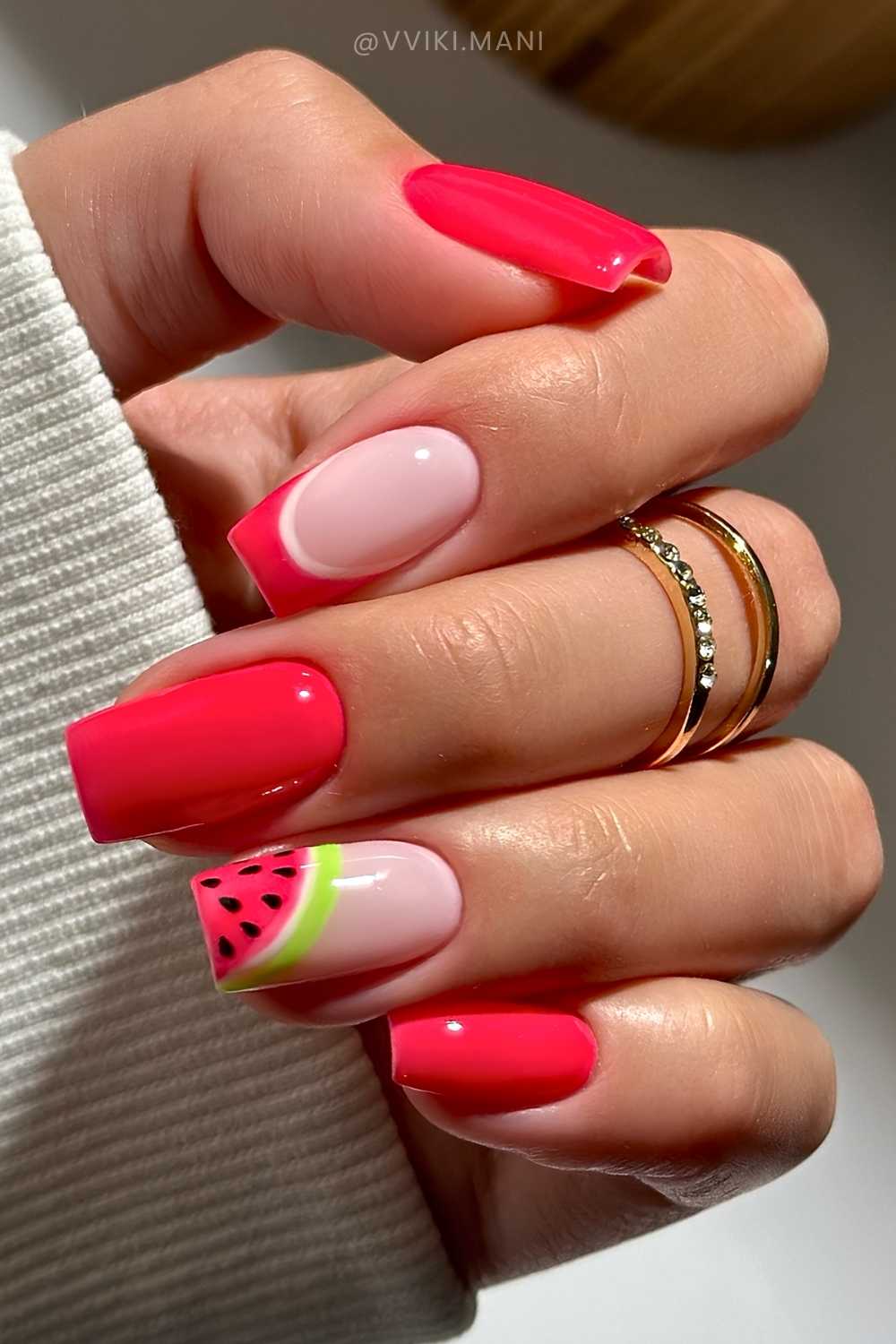 Bright red mani with watermelon slice art