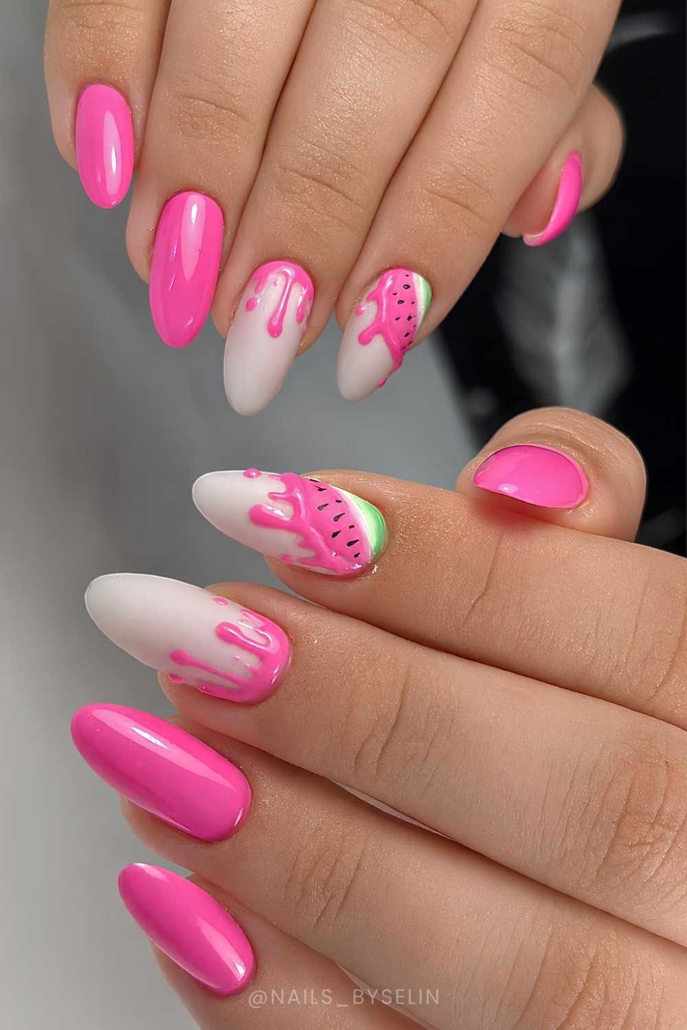 Bubblegum pink nails with watermelon drip art