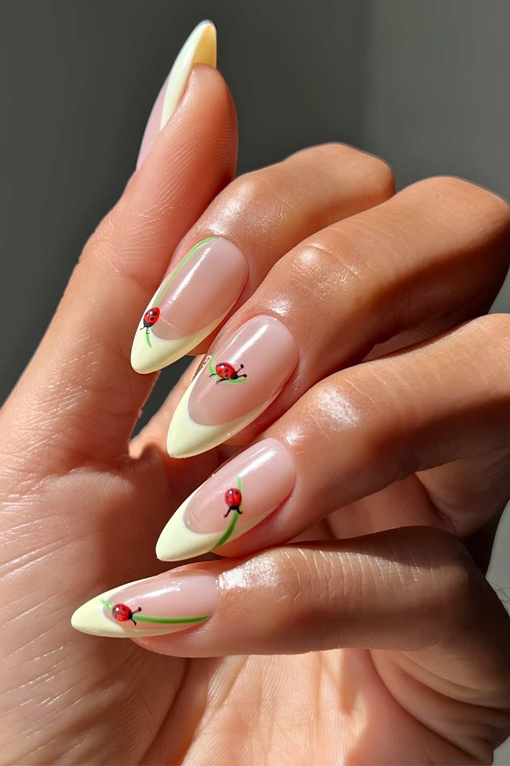 Butter yellow French mani with ladybugs –