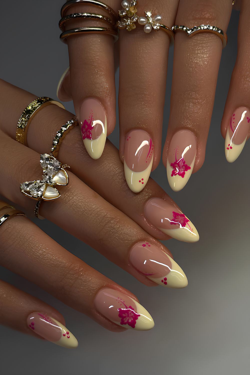 Butter yellow French mani with pink hibiscus art