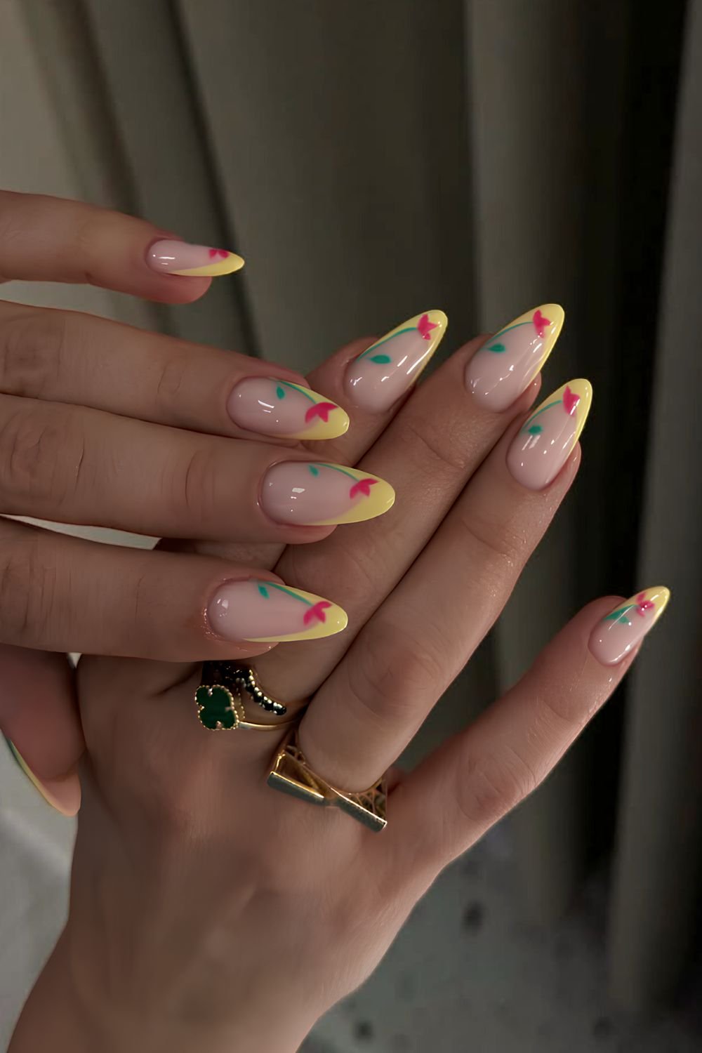 Butter yellow French mani with pink tulip accents